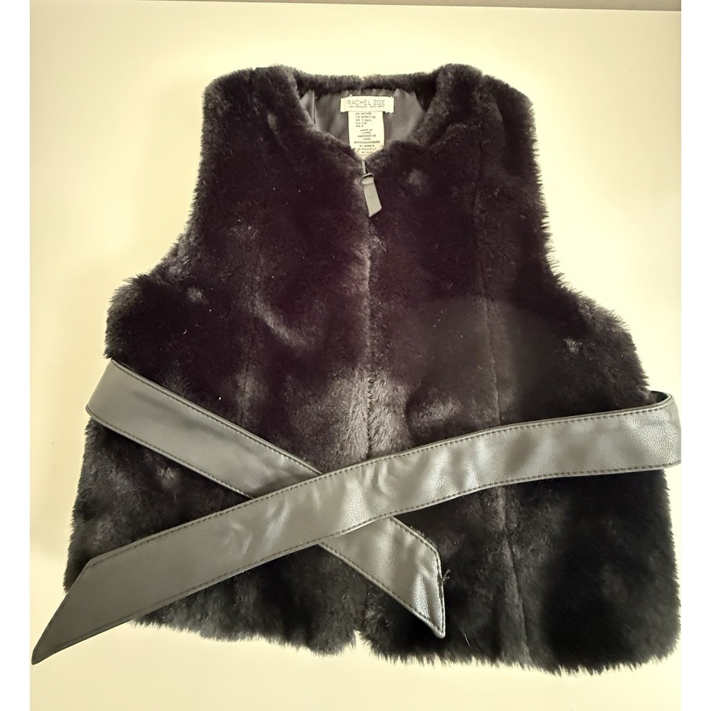 Rachel Zoe Girls Faux Fur Vest Size M 7/8 Black Belted Holiday Party Glam